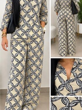 Women's Beige Wide-Leg Jumpsuit with Black Chain Print